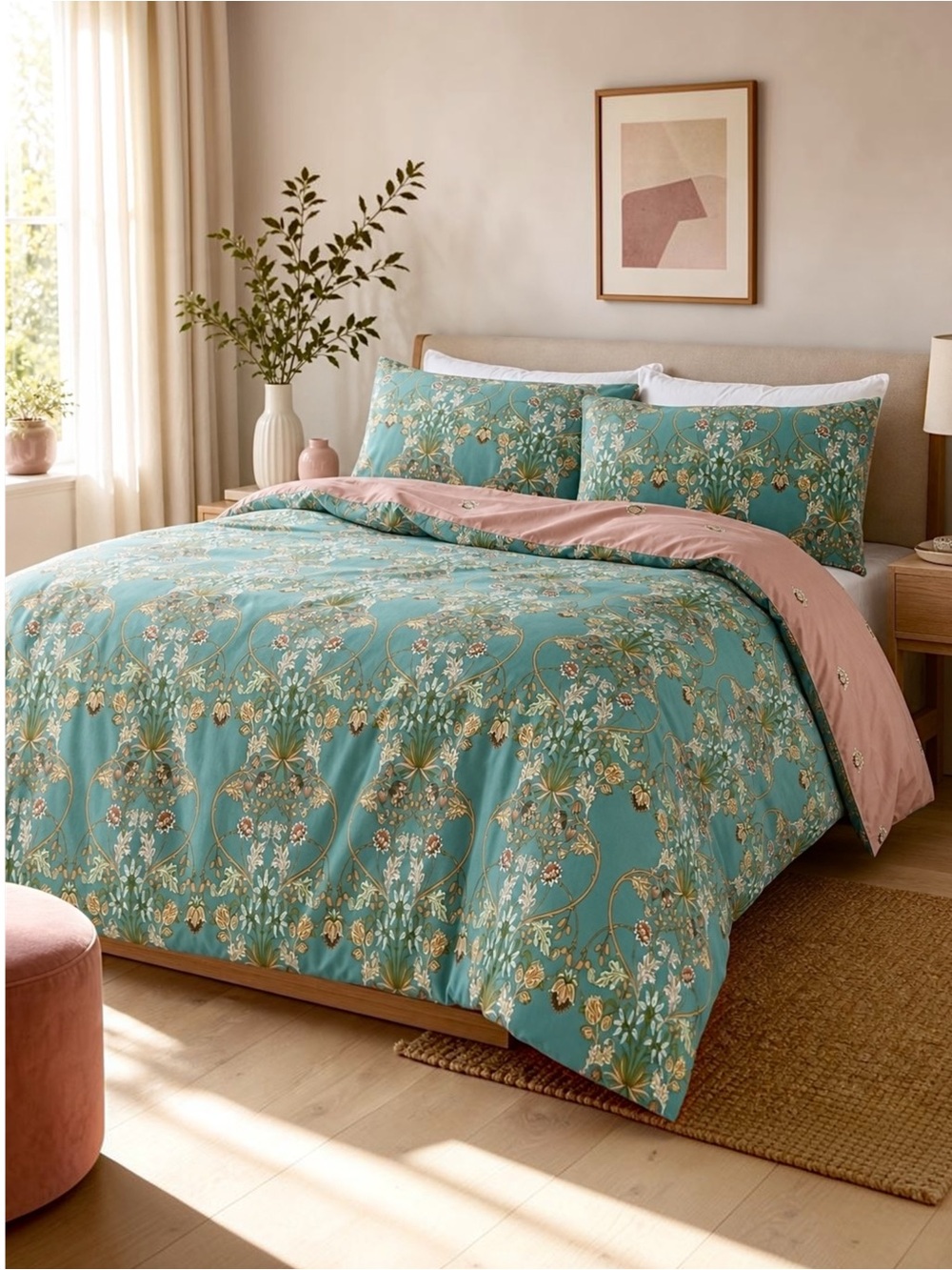 NEW Anthropologie Teal Reversible Cotton Floral Queen / King Duvet Bedding Set